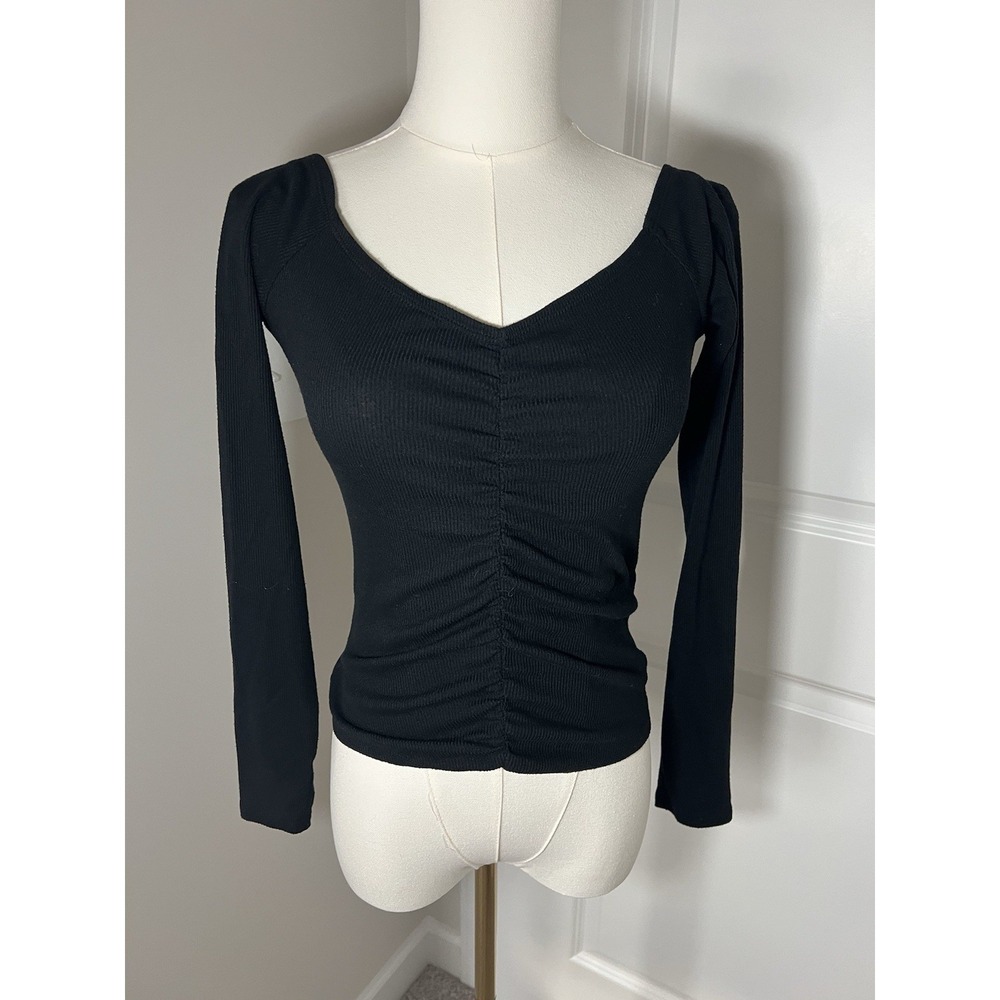 Women's Hollister Long Sleeve Off Shoulder‎ Black Rushed Shirt Size Medium Y2K